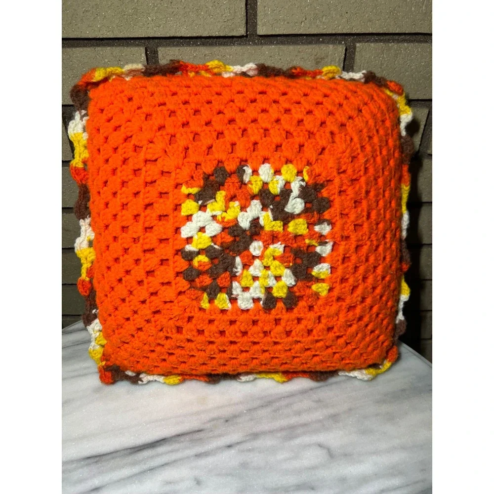 Vintage Handmade Crochet Granny Square Throw Pillow Orange Retro 70s Boho Decor